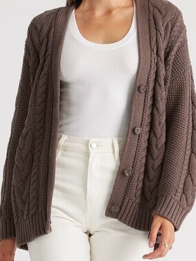 Quince Cable Knit Cardigan - Brown Size Small